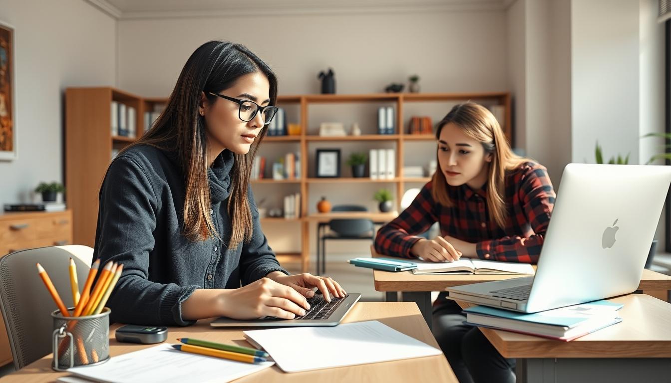 Students studying together in modern classroom